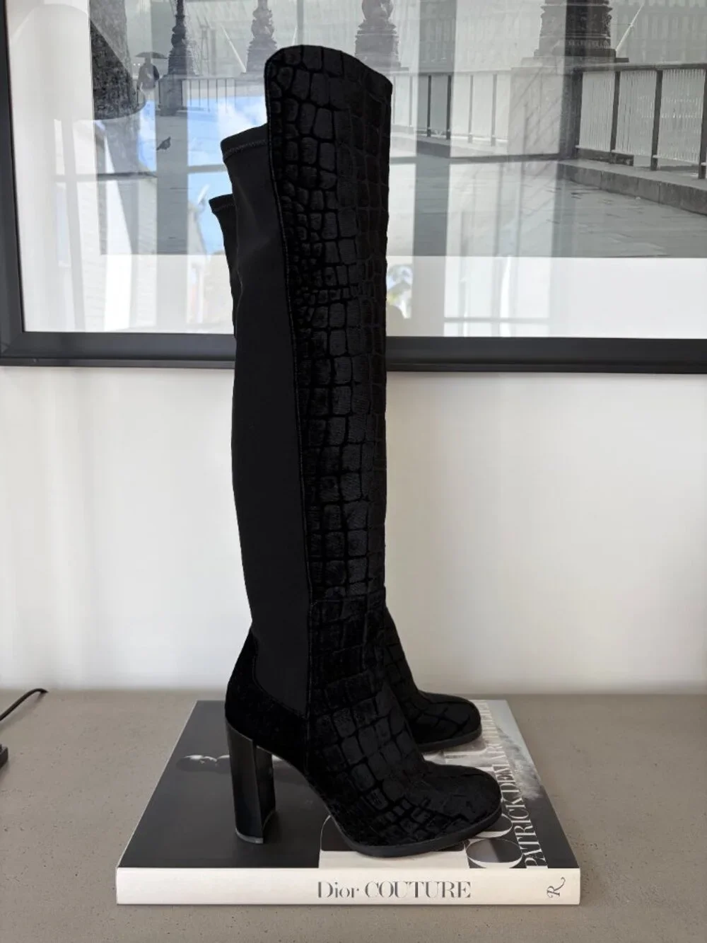 Stuart Weitzman Velvet Croc Embossed Over The Knee Boots Black Sz 8 Block Heel